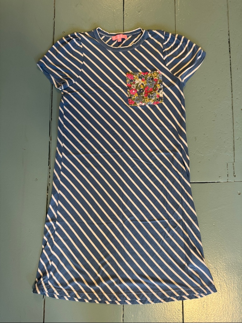 Bisby girls Blue & White Diagonal Stripe Dress with Floral Pocket size 10